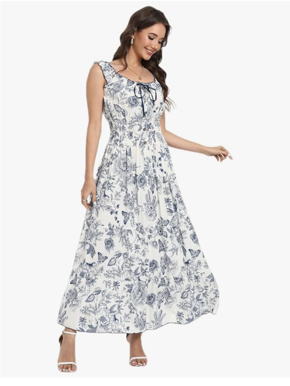 Floral Tie-Front Maxi Dress in White and Navy